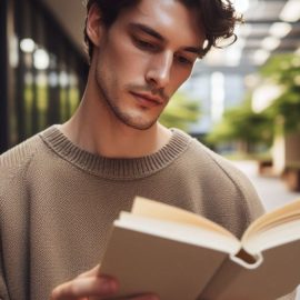 a young man with dark hair and a beard and mustache reading a book in an atrium of a building