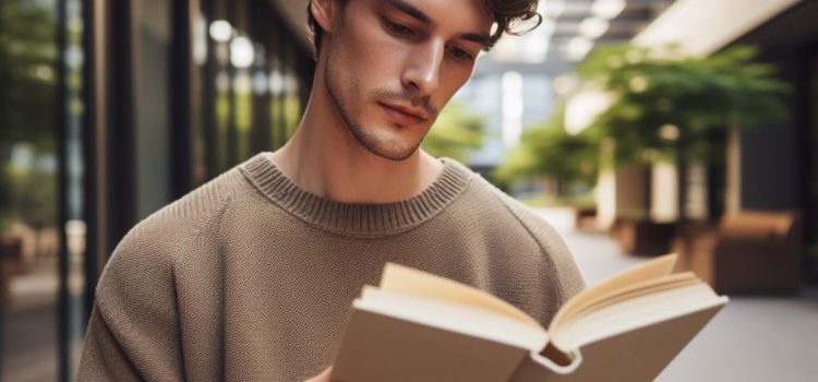 a young man with dark hair and a beard and mustache reading a book in an atrium of a building