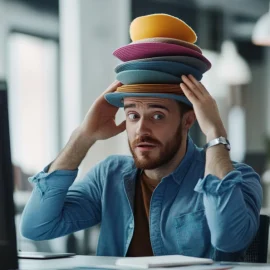 A man in an office wearing a pile of hats on his head, signifying time wasting at work