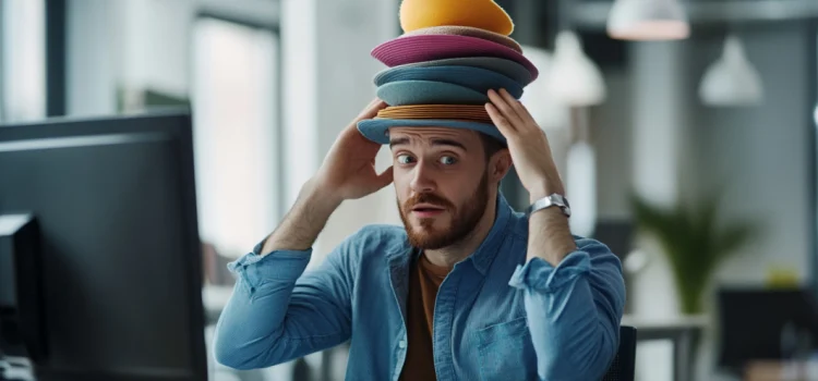 A man in an office wearing a pile of hats on his head, signifying time wasting at work