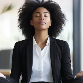 An employee who knows how to promote wellness in the workplace, wearing a suit while meditating at work