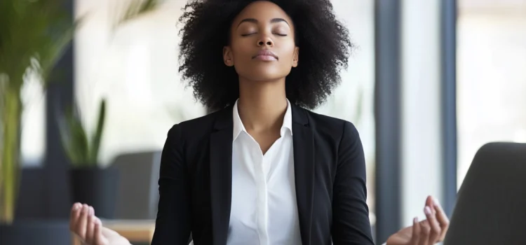 An employee who knows how to promote wellness in the workplace, wearing a suit while meditating at work