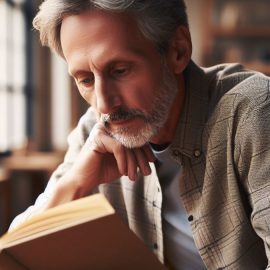 A bearded grey-haired middle-aged man thoughtfully reading a book in a room with large windows