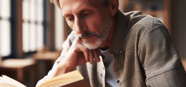 A bearded grey-haired middle-aged man thoughtfully reading a book in a room with large windows