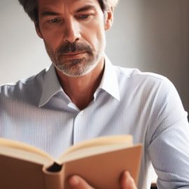 middle-aged bearded grey-haired man reading a book by a window