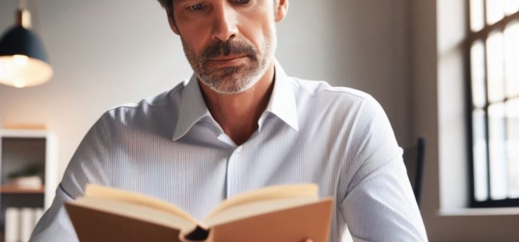 middle-aged bearded grey-haired man reading a book by a window