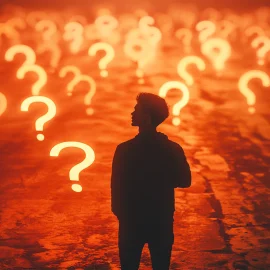 A man surrounded by question marks as he practices mindful decision-making