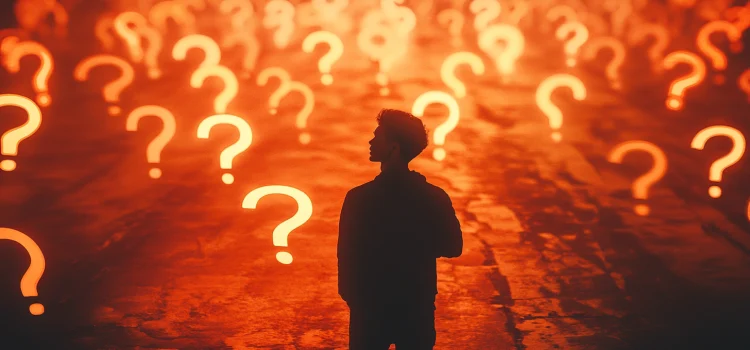 A man surrounded by question marks as he practices mindful decision-making