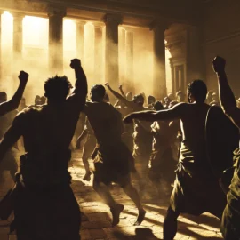 A mob of people raising their fists in ancient Greece illustrates tyranny in Plato's Republic