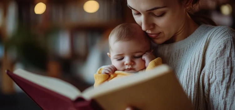 A mom reading a book with her baby