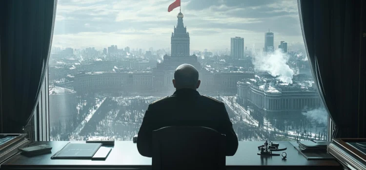 a national leader looking out of his office window at the capital city illustrates how dictators stay in power