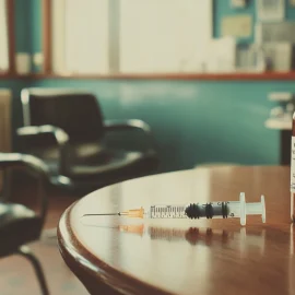 A vintage image of a vaccine needle and bottle on a wooden table in a doctor's office