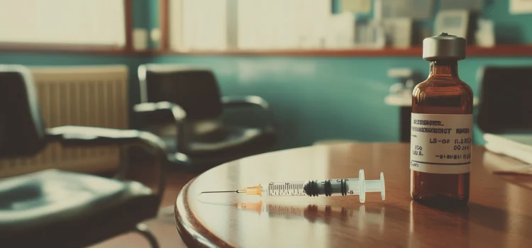 A vintage image of a vaccine needle and bottle on a wooden table in a doctor's office