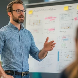 A manager showing employees the operational framework of his business