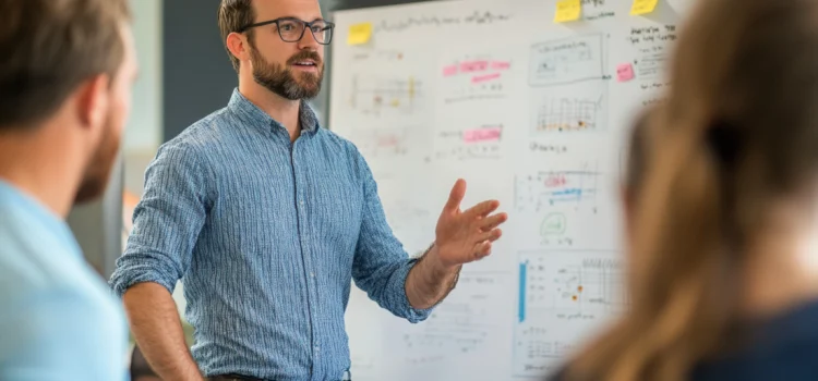 A manager showing employees the operational framework of his business