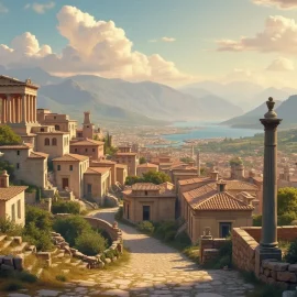 A painting of a beautiful ancient Greek city with a lake and mountains in the distance illustrates Plato’s ideal city