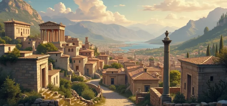 A painting of a beautiful ancient Greek city with a lake and mountains in the distance illustrates Plato’s ideal city