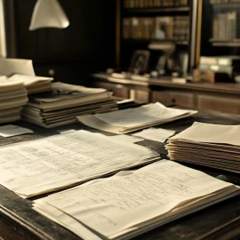 An old fashioned image of research papers on a wooden desk