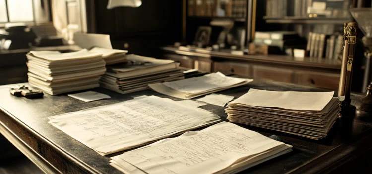 An old fashioned image of research papers on a wooden desk