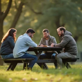 A small group of people at a picnic table in a park studying the Bible illustrates how God brings people together