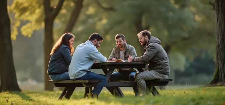 A small group of people at a picnic table in a park studying the Bible illustrates how God brings people together