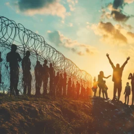 people behind a wire fence on the left and free people on the right depict the differences between democracy and dictatorship