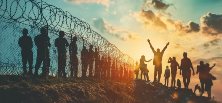 people behind a wire fence on the left and free people on the right depict the differences between democracy and dictatorship