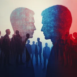 abstract silhouettes of people facing each other illustrates the question "Is political polarization a threat to democracy?"