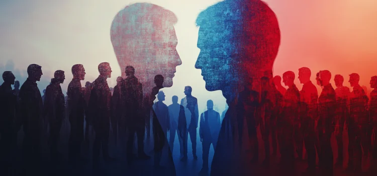 abstract silhouettes of people facing each other illustrates the question "Is political polarization a threat to democracy?"