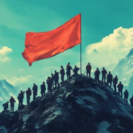 a huge group of people planting a red flag on the top of a mountain illustrates what makes a social movement successful