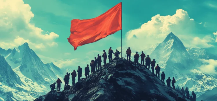 a huge group of people planting a red flag on the top of a mountain illustrates what makes a social movement successful