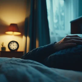 A person lying in bed with an alarm clock next to them, trying to enter REM sleep