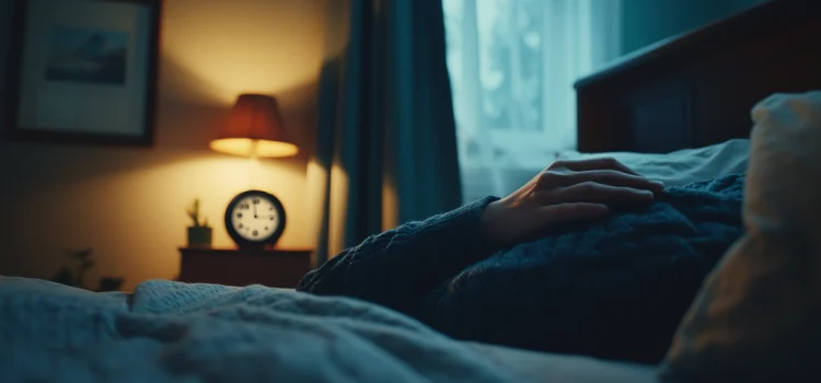 A person lying in bed with an alarm clock next to them, trying to enter REM sleep