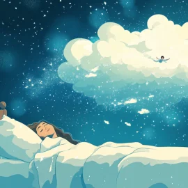 A girl in bed having a lucid dream of herself flying in the sky