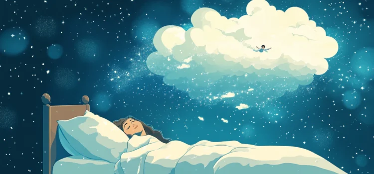 A girl in bed having a lucid dream of herself flying in the sky