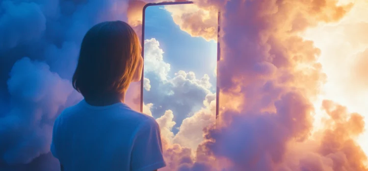 A person looking at themselves in the mirror surrounded by dream clouds