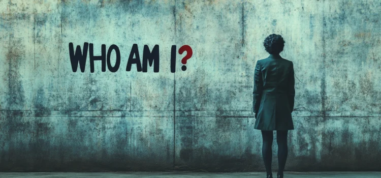 A woman in business attire conflicted about identity and leadership, looking at a wall that reads "Who am I?"