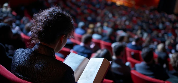 A woman reading a book while sitting in the audience of a theater