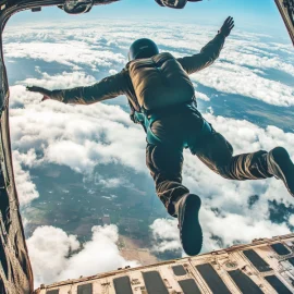 A person jumping out of a plane to go skydiving, displaying a creative characteristic