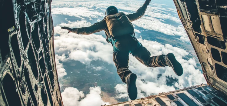 A person jumping out of a plane to go skydiving, displaying a creative characteristic