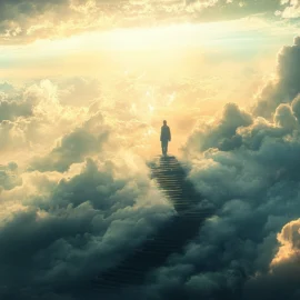 A person having a spiritual lucid dream of themselves walking up stairs in the clouds