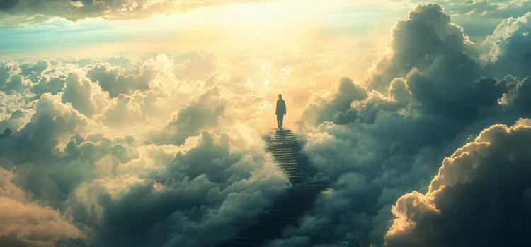 A person having a spiritual lucid dream of themselves walking up stairs in the clouds