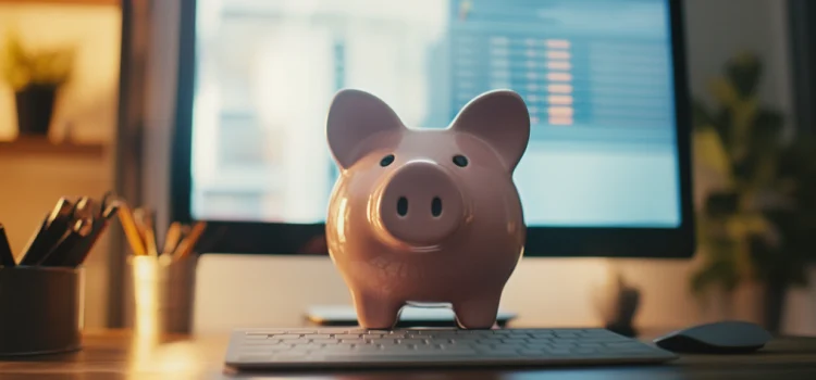 a piggy bank on a desktop computer in a home office illustrates how to monetize content