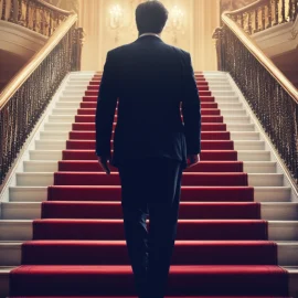 a man from behind in a business suit climbing an ornate staircase illustrates how to gain political power