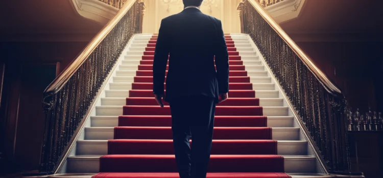 a man from behind in a business suit climbing an ornate staircase illustrates how to gain political power