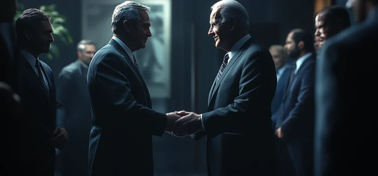 two men in business suits warmly shaking hands as others stand nearby illustrate democratic standards