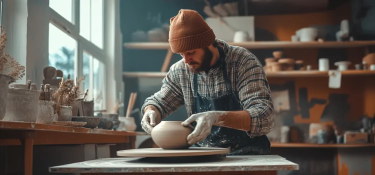 A pottery artist throwing pottery on a wheel in an art studio, he looks emotional