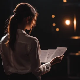 A woman who knows how to prepare for a debate by looking over index cards backstage