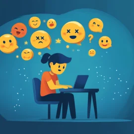 A woman working at a computer with emotions in thought bubbles, representing the real meaning of procrastination