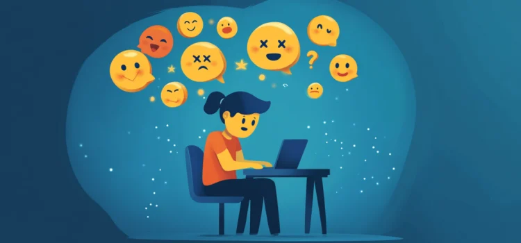 A woman working at a computer with emotions in thought bubbles, representing the real meaning of procrastination